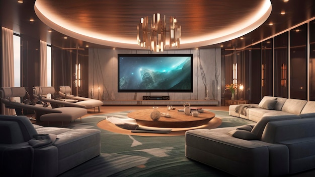 Zdjęcie nowoczesnego kina domowego z wygodnymi siedzeniami i dużym ekranem