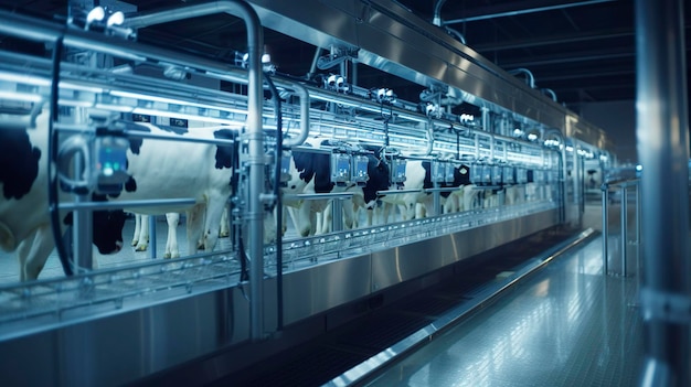 Zdjęcie nowoczesnej farmy mlecznej z zautomatyzowanymi maszynami do mleka