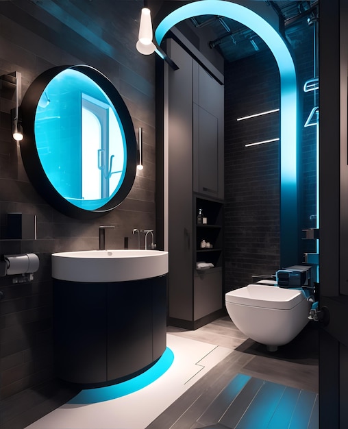 Zdjęcie nowoczesnej łazienki z eleganckim okrągłym lustrem i minimalistyczną umywalką
