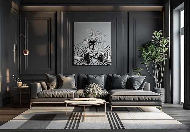 Zdjęcie nowoczesnych mebli wewnętrznych w salonie z luksusowym kolorowym projektem kanapy