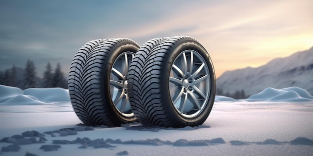 Zdjęcie nowoczesnych zimowych opon samochodowych. 4 opony razem na tle zimy