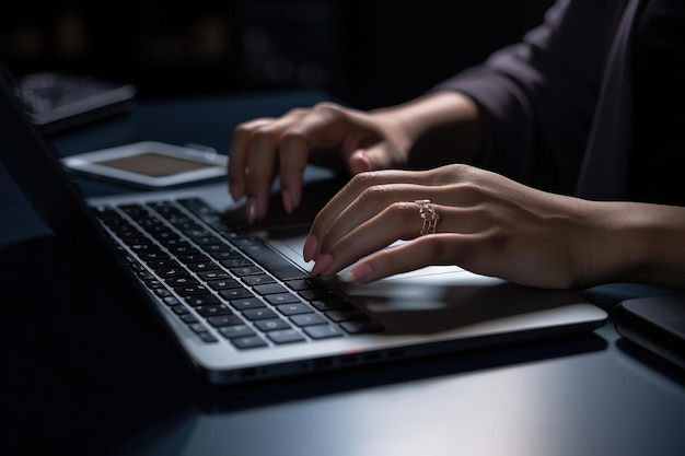 zdjęcie oddaje skupienie i produktywność bizneswoman pracującej na swoim laptopie
