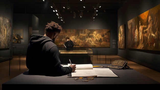 Zdjęcie odwiedzającego galerię robiącego notatki