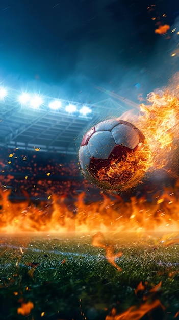 Zdjęcie zdjęcie ognista piłka nożna rzuca się w kierunku boiska stadionu w ekscytującym ruchu vertical mobile wallpape