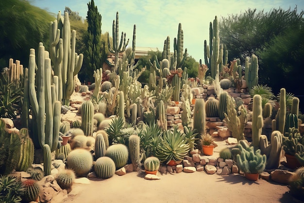 Zdjęcie ogrodu kaktusów o różnych kształtach i kształtach
