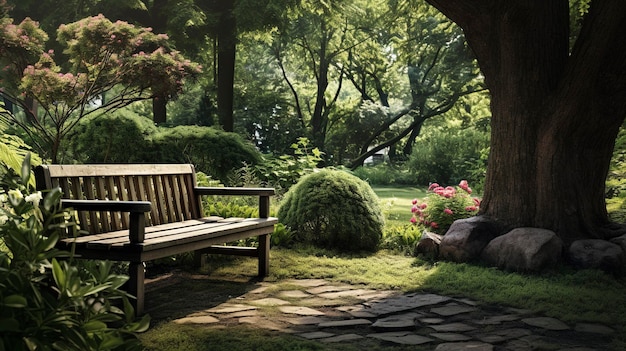 Zdjęcie ogrodu z drewnianą ławką