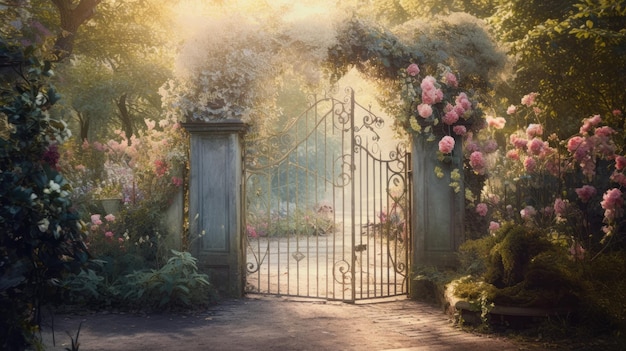Zdjęcie ogrodu z sekretną bramą miękkich cieni
