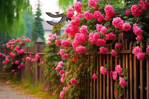 Zdjęcie ogrodzenia z rosami wspinaczkowymi ogród kwiatowy