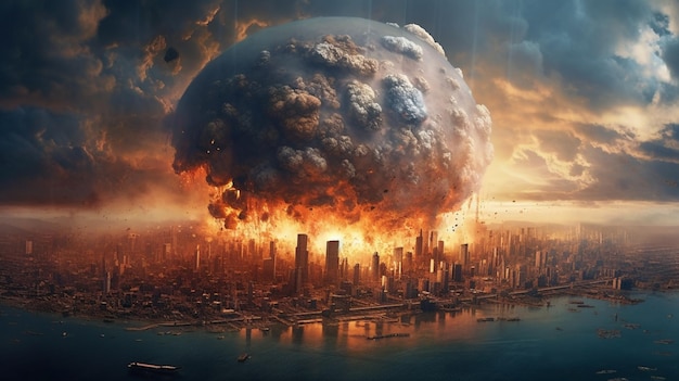 Zdjęcie zdjęcie ogromnej wybuchu w mieście z ogromną chmurą generującą ai