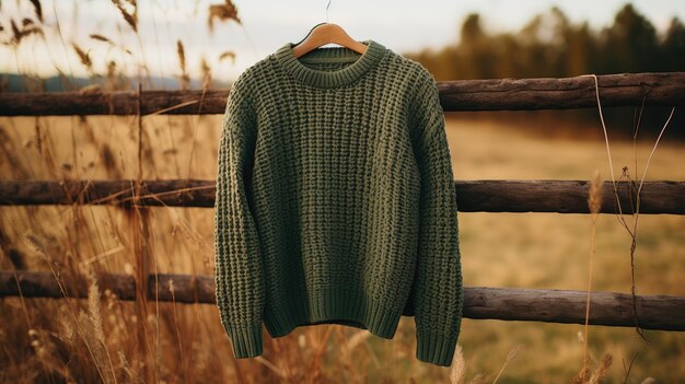 Zdjęcie oliwkowo-zielonego swetr drewnianego ogrodzenia na tle