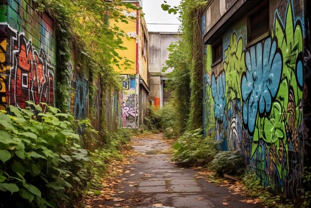 Zdjęcie opuszczonej miejskiej alejki z graffiti na ścianie