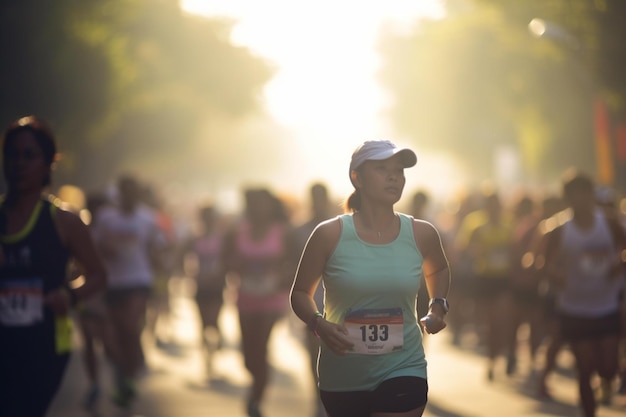 Zdjęcie osoby biegnącej w maratonie Światowy dzień zdrowia bokeh Generacyjna sztuczna inteligencja
