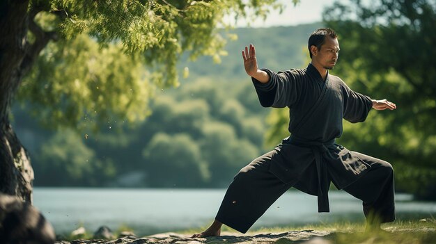 Zdjęcie zdjęcie osoby ćwiczącej tai chi w parku