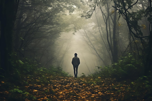Zdjęcie zdjęcie osoby idącej przez mgliasty las