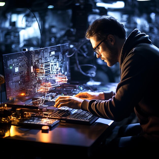 zdjęcie osoby pracującej na komputerze generowane przez sztuczną inteligencję