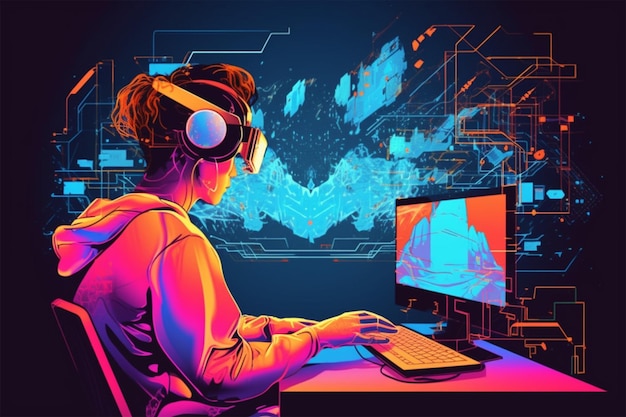 zdjęcie osoby pracującej nad połączeniem internetowym komputera i koncepcją rzeczywistości wirtualnej generativ kreskówki