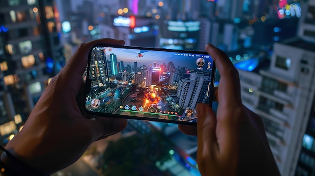 Zdjęcie zdjęcie osoby trzymającej smartfon z krajobrazem miasta na ekranie
