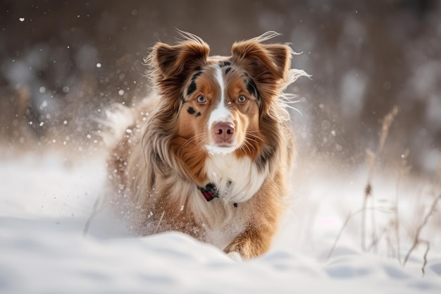 Zdjęcie owczarka australijskiego na śnieżnym tle