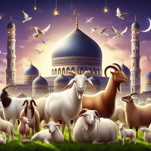 Zdjęcie zdjęcie owiec i kóz przed meczetem