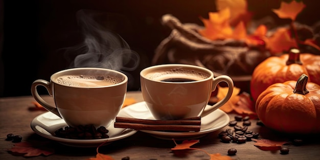 Zdjęcie pachnącej kawy na stole z dyniami i dekoracjami na Halloween