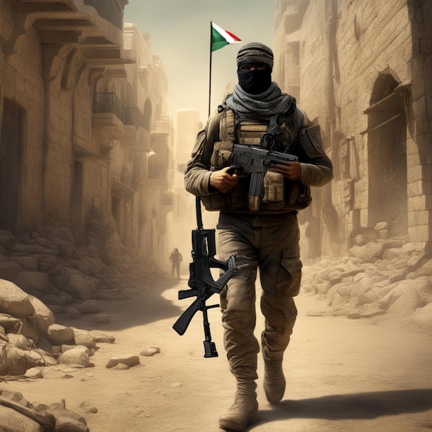 zdjęcie palestyńskiego żołnierza i flaga palestyńska