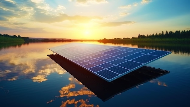 Zdjęcie paneli słonecznych na tle letniego zachodu słońca nad wodą
