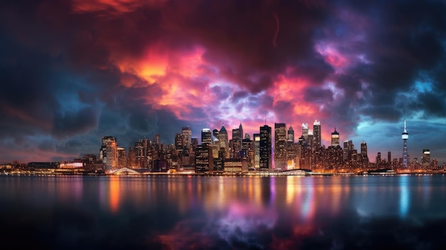 Zdjęcie panoramy miasta ze smugowymi światłami chmurnym niebem