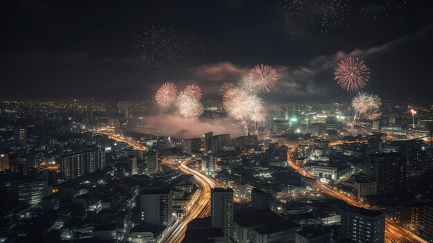 Zdjęcie panoramy ze spektakularnymi pokazami sztucznych ogni