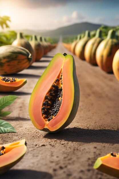 zdjęcie papai na ziemi rolniczej z niewyraźnym tłem