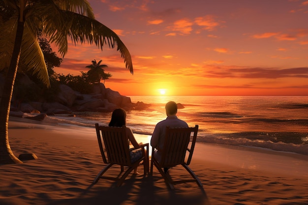 Zdjęcie par cieszących się zachodem słońca na tropikalnych plażach