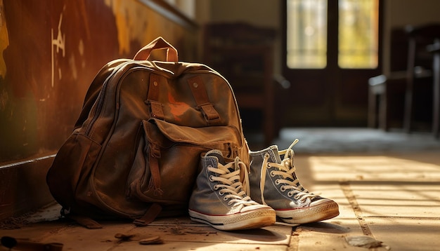 Zdjęcie zdjęcie pary zużytych dziecięcych butów obok torebki szkolnej