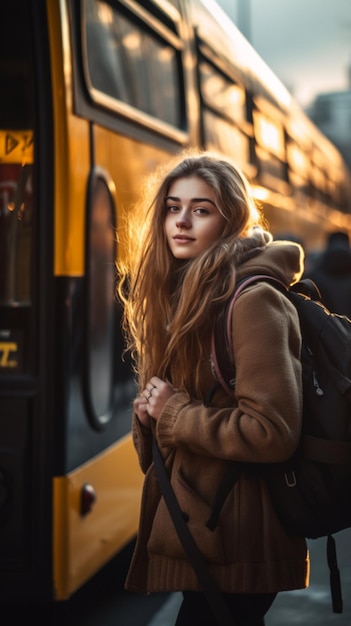 Zdjęcie pełne ujęcie kobiety z plecakiem wsiadającej do autobusu