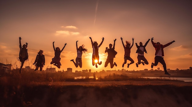 zdjęcie pełne ujęcie ludzi skaczących w zachodzie słońca