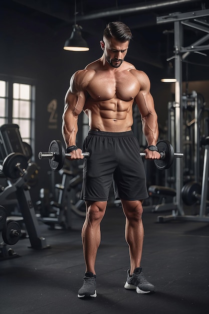 Zdjęcie pełnego ciała portretu sportowca bez koszuli wykonującego ćwiczenia bicepsa z hamulcami w klubie sportowym
