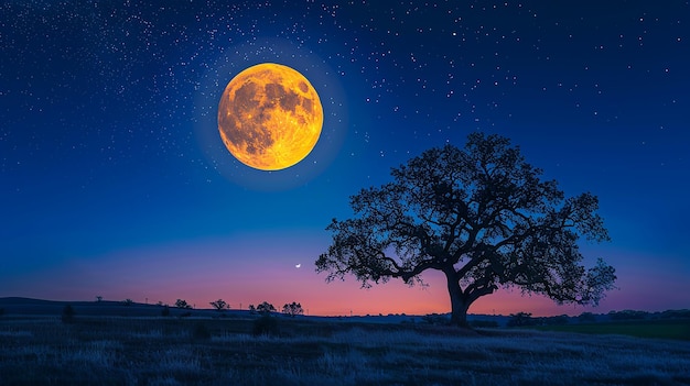 Zdjęcie pełnego księżyca świeci na niebie drzewo w tle noc krajobraz tapeta do komp