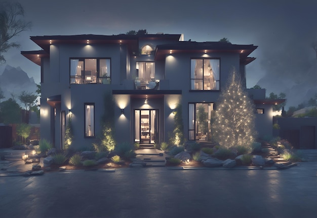 Zdjęcie pięknego białego domu ozdobionego świąteczną choinką na przednim podwórku