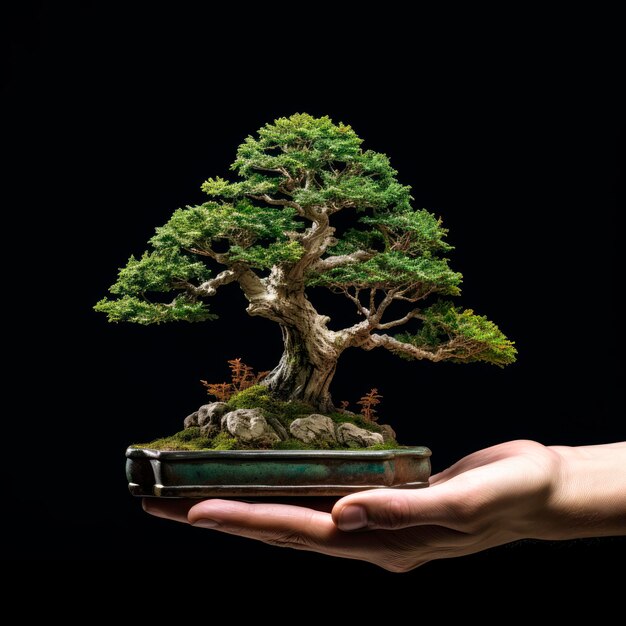 Zdjęcie pięknego bonsai umieszczonego na dłoni