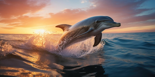 Zdjęcie pięknego delfina skaczącego z lśniącego zachodu słońca