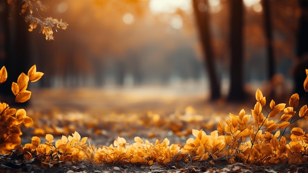 Zdjęcie pięknego jesiennego krajobrazu leśnego z pocztówką z jesiennych żółtych liści