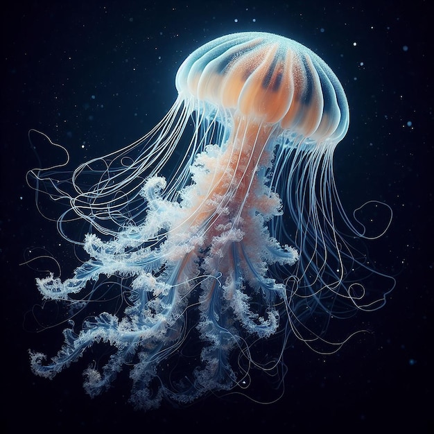 Zdjęcie pięknego morskiego zwierzęcia, meduzy pływającej, kolorowy, uroczy wygląd.