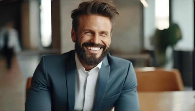 Zdjęcie zdjęcie pięknego, szczęśliwego mężczyzny w garniturze biznesowym, odnoszącego sukcesy, szczęśliwego biznesmena patrzącego w kamerę, siedzącego w biurze.