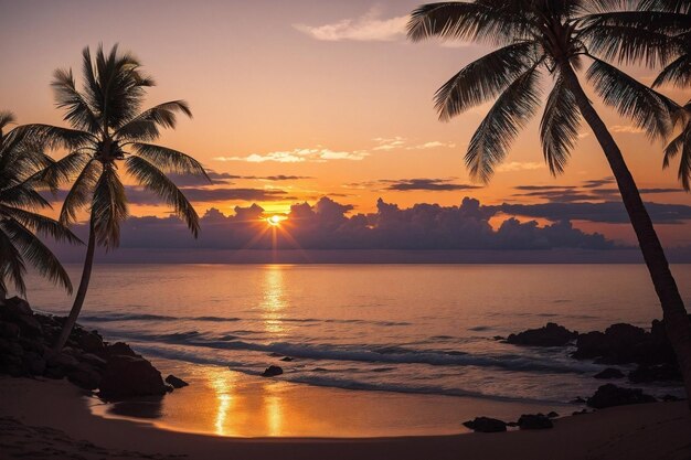 Zdjęcie pięknego zachodu słońca nad oceanem z palmami