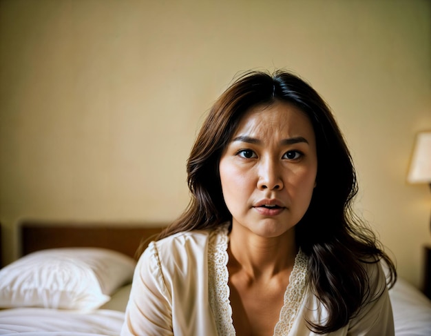 zdjęcie pięknej azjatyckiej kobiety jako żony z ciekawym uczuciem twarzy w sypialni generatywna sztuczna inteligencja