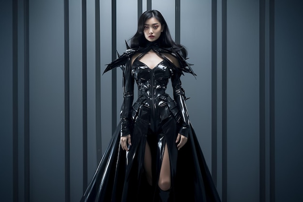 Zdjęcie pięknej azjatyckiej modelki ubranej w futurystyczną modę Metaverse Kobieta Cyberpunk AI Wygenerowano
