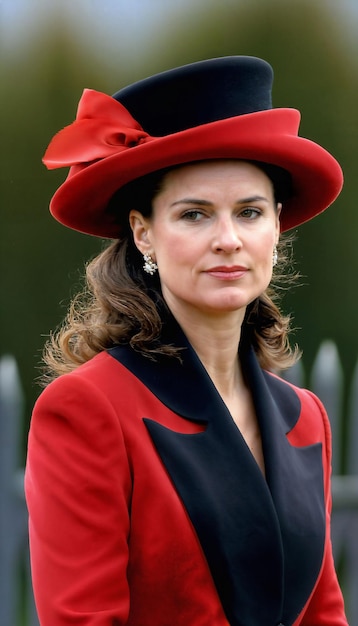 Zdjęcie pięknej damy z Europy, kobiety w czerwonym płaszczu i kapeluszu, stojącej w ogrodzie.