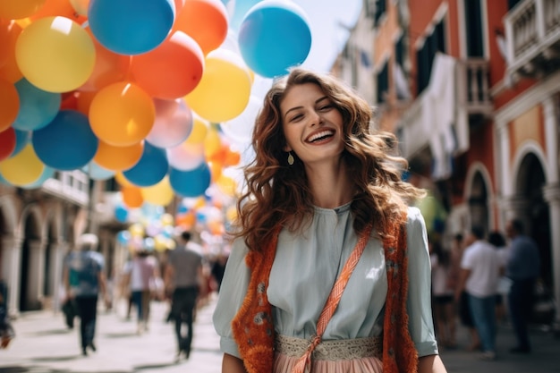 Zdjęcie pięknej dziewczyny uśmiechającej się i trzymającej bukiet kolorowych balonów