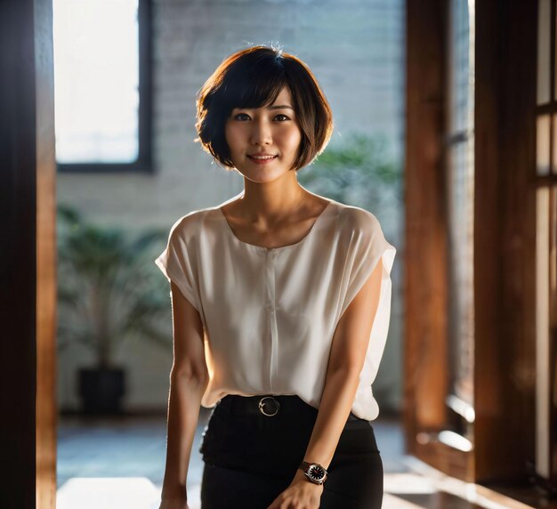 zdjęcie pięknej japońskiej azjatyckiej kobiety z krótkimi włosami generatywnej AI