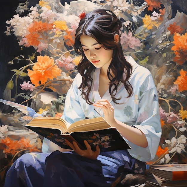 Zdjęcie pięknej japońskiej uczennicy czytającej