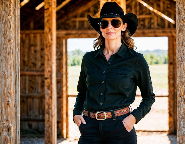 Zdjęcie zdjęcie pięknej kobiety jako profesjonalnego agenta w czarnej koszuli z długimi rękawami i taktycznych spodniach i kowbojskim kapeluszu.
