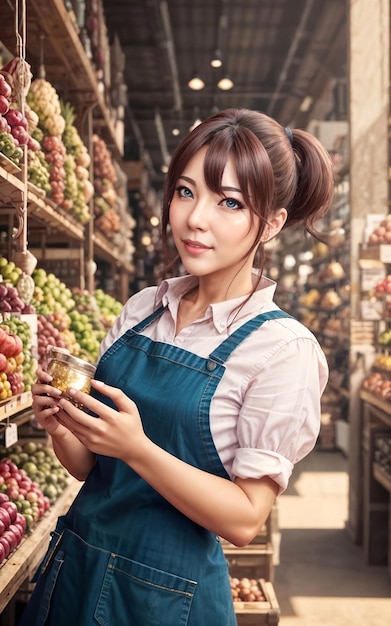 Zdjęcie pięknej kobiety jako sklepikarza na rynku generatywnej sztucznej inteligencji